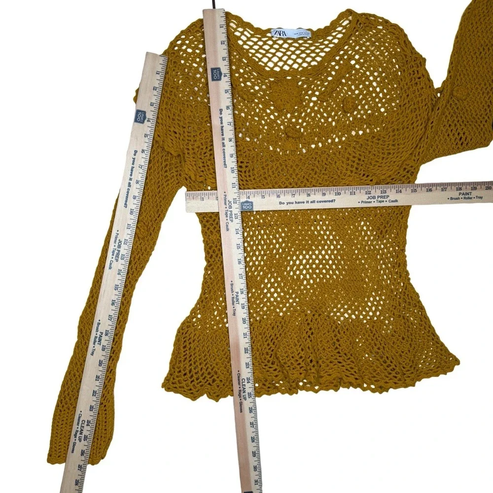 Zara Ruffled Crochet Open Knit Peplum Long Sleeve Top Mustard M‎ Boho Festival